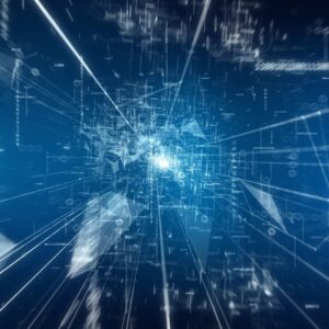 Abstract blue data tunnel with central light burst