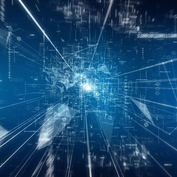 Abstract blue data tunnel with central light burst