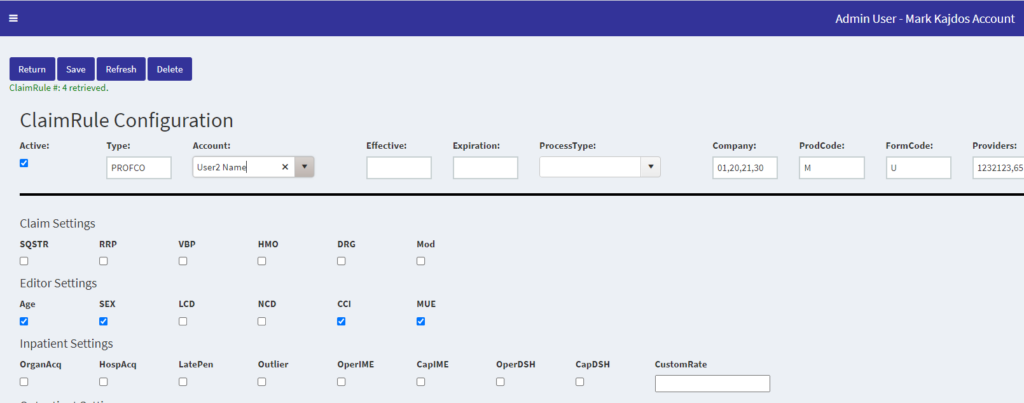 Claim rule configuration settings interface screenshot.