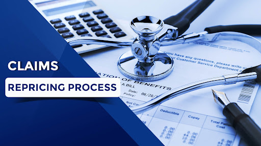Claims repricing process with stethoscope and calculator.