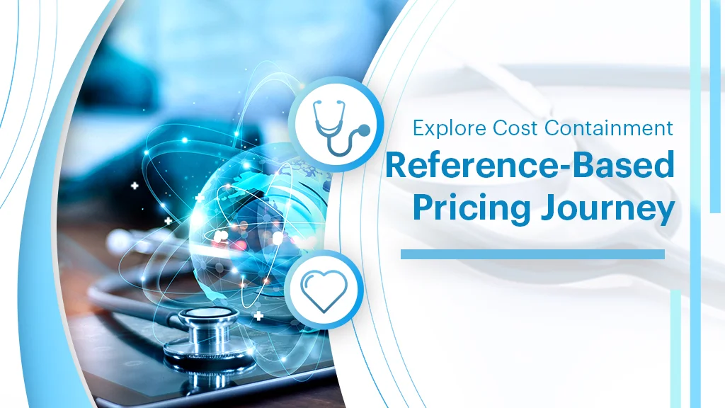 Reference-based pricing journey with medical symbols.