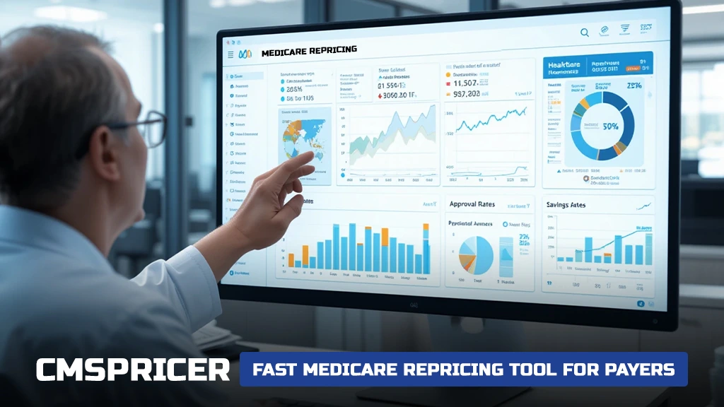 Person analyzing Medicare repricing dashboard with CMSPricer tool for payers