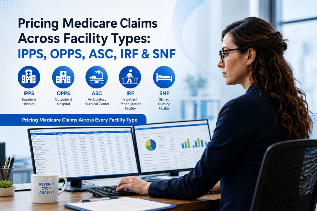 Analyst reviewing Medicare claims data on monitors